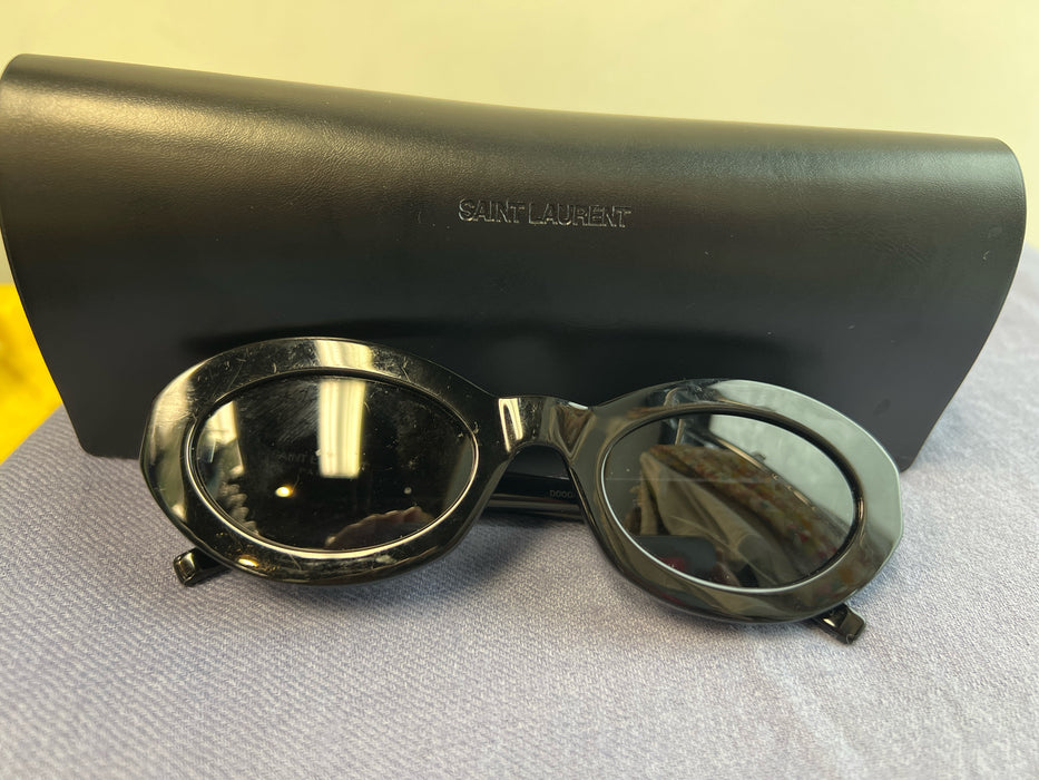 Yves Saint Laurent Black Acetate Oval Logo Thick Arms Sunglasses