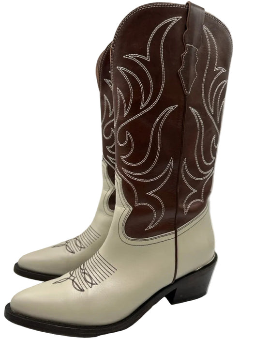 Partow Shoe Size 39.5 Brown & White Leather Pointed Toe Western Knee High Boots