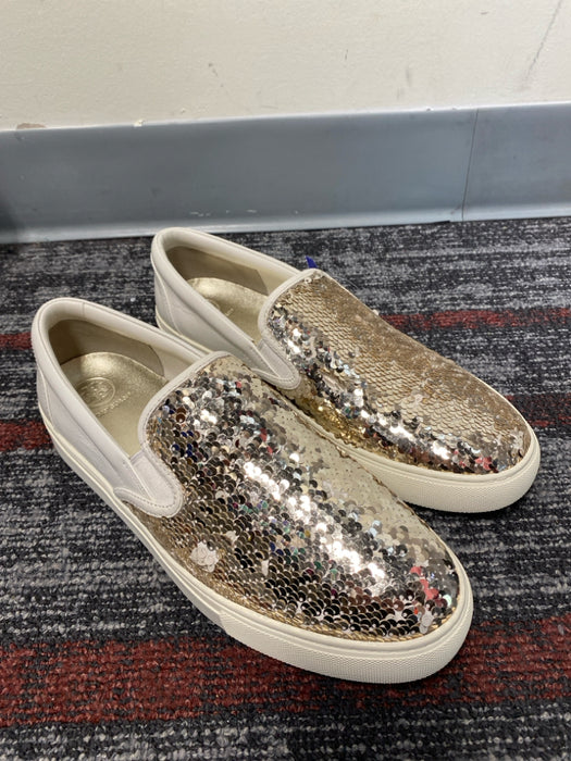 Tory Burch Shoe Size 11 Silver & White Fabric Sequin Textured Slip On Shoes