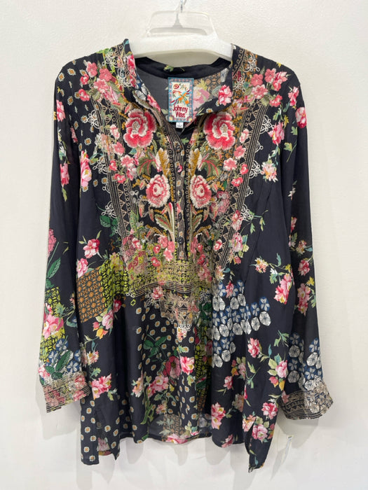 Johnny Was Size L Black & Multi Silk floral print Button Detail Top