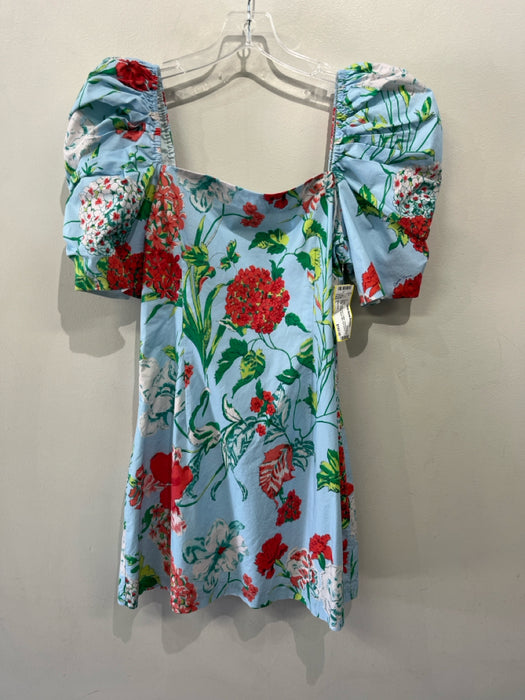 Cara Cara Size L Blue, Green, Red Cotton Smocked Back Floral Square Neck Dress