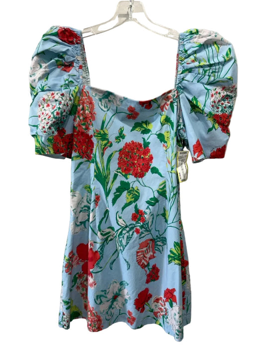 Cara Cara Size L Blue, Green, Red Cotton Smocked Back Floral Square Neck Dress