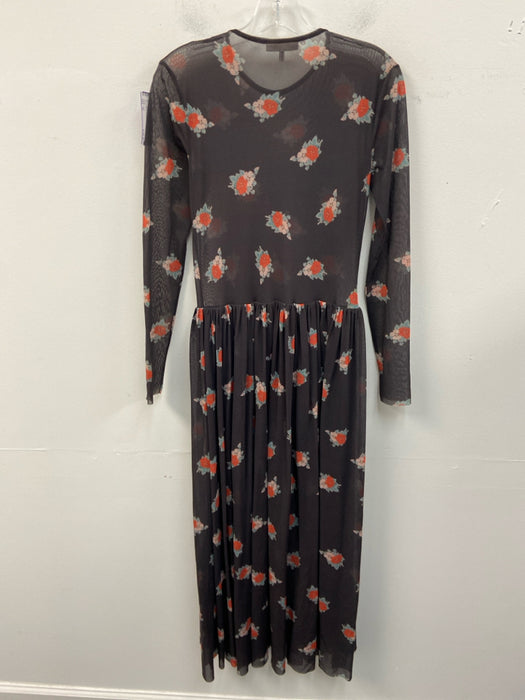 Ganni Size 38 Black & Multi Polymide floral print Round Neck Long Sleeve Dress