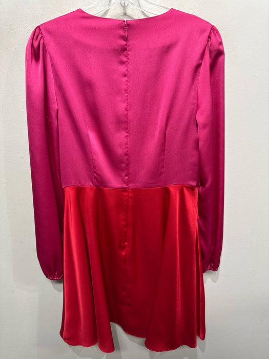 Milly Size 8 Red & Pink Polyester Satin Color Block Long Puff Sleeve Mini Dress