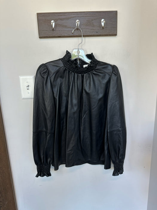 Ba&sh Size L Black Vegan Leather Ruffle Collar Long Balloon Sleeve Top