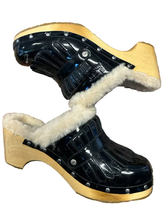 Ugg Shoe Size 11 Black & Tan Patent Leather Shearling Lined Wood Fringe Clogs