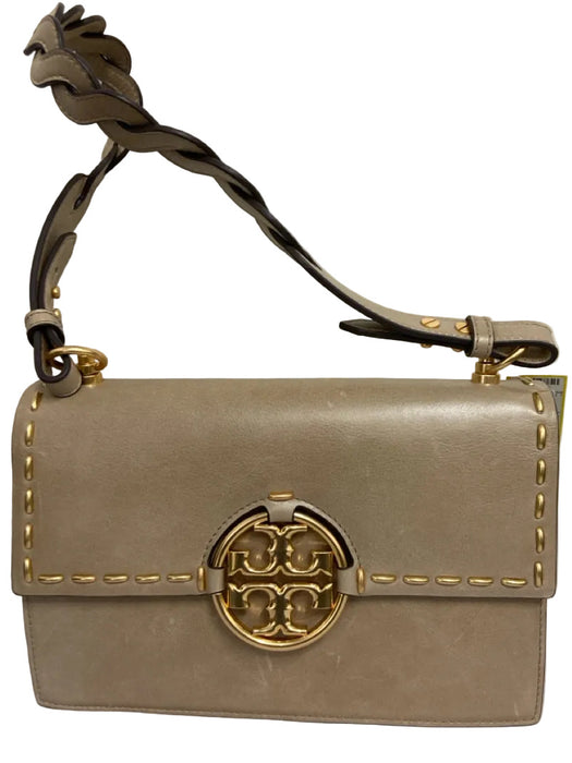 Tory Burch Taupe Brown Leather Braided Strap Shoulder Bag Gold Hardware Bag