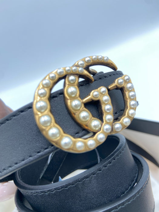 Gucci Black Leather Gold Tone Hardware GG Pearl Accents Box & Bag Inc. Belts