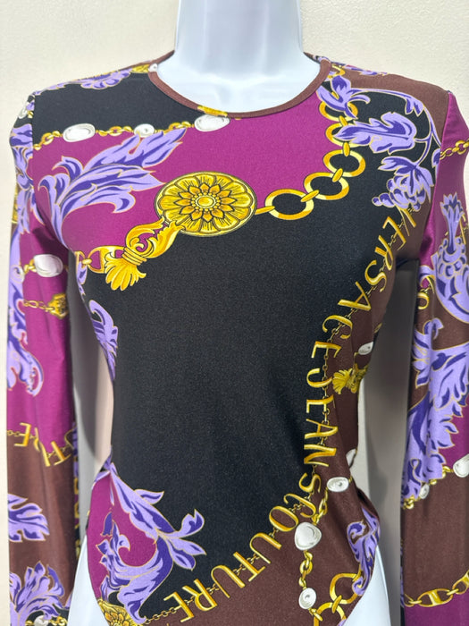 Versace Size 4 Purple & Black Poly Long Sleeve Logo Thong Bodysuit