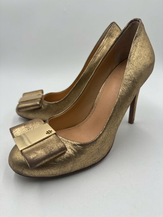 Tory Burch Shoe Size 6.5 Gold Leather round toe Bow Stiletto metallic Pumps