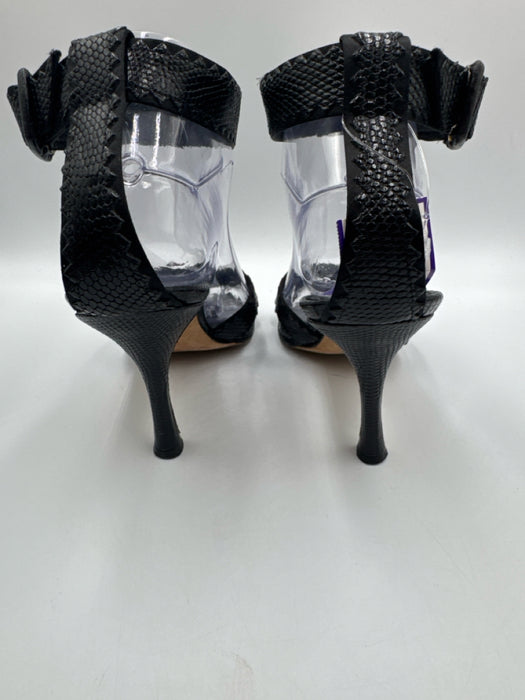 Manolo Blahnik Shoe Size 37 Black Leather Upper Snakeskin Embossed Sandals
