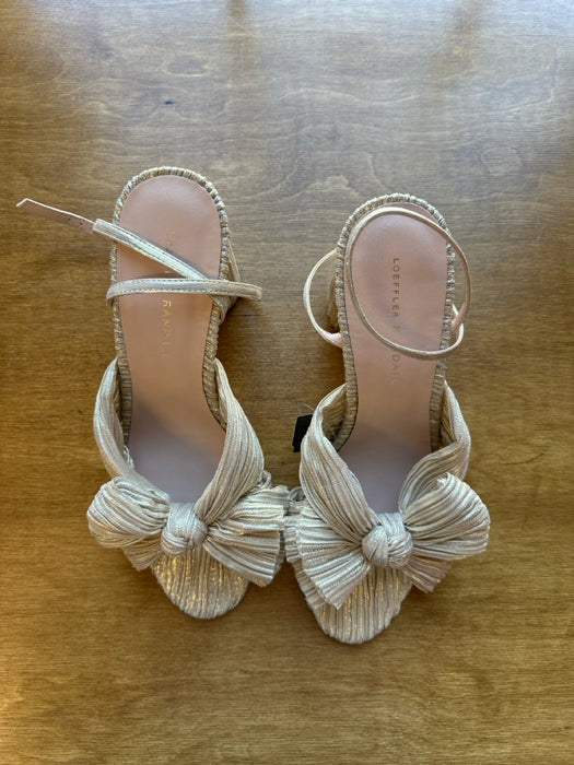 Loeffler Randall Shoe Size 9 Gold Canvas Pleated Metallic Bow Block heel Sandals