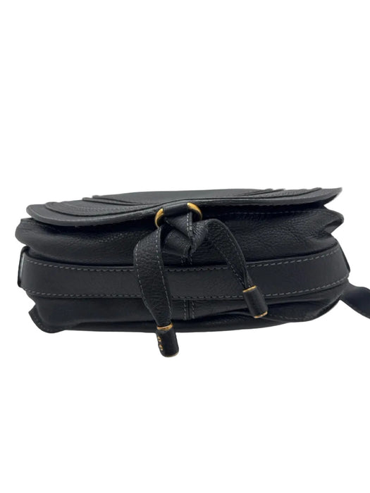 Chloe Black Grained Leather Flap Stitch Detail Gold Hardware Crossbody Strap Bag