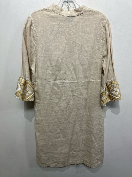 Haris Cotton Size M Tan & Gold Linen Embroidered Geometric Quarter Button Dress