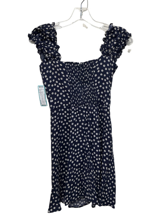 Reformation Size 0 Navy Blue & White Viscose & Rayon floral print smocked Dress