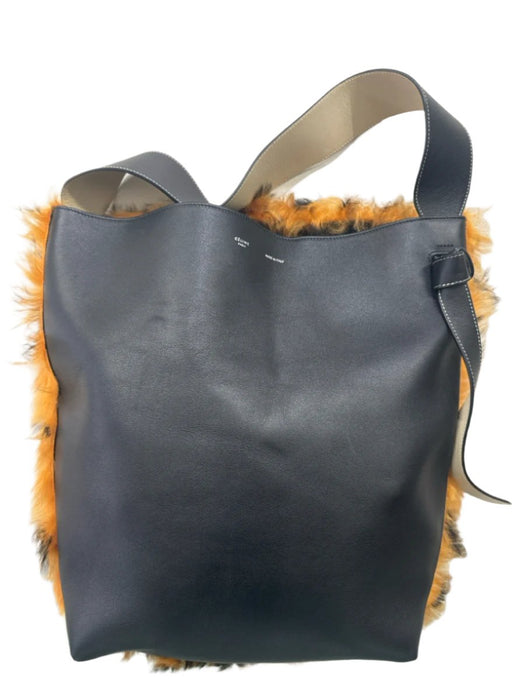 Celine Black & Orange Leather Fur Animal Print Shoulder Bag Tote Bag