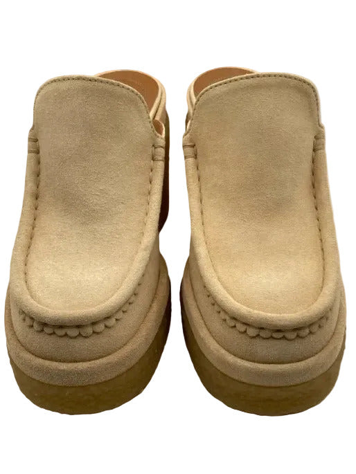 Chloe Shoe Size 39 Biscotti Beige Suede Upper Rubber Sole Solid Block Heel Mules