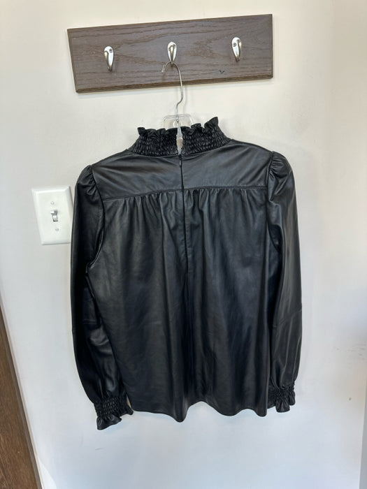 Ba&sh Size L Black Vegan Leather Ruffle Collar Long Balloon Sleeve Top