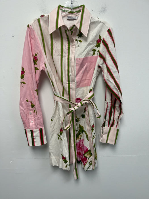 Aston Studio Size 4 Pink, Green, White Linen & Cotton Long Sleeve Buttons Dress