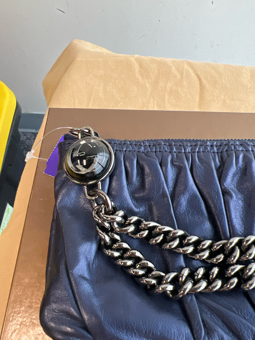 Gucci Navy Blue Leather Zip Close Pleated Detail Wristlet Bag