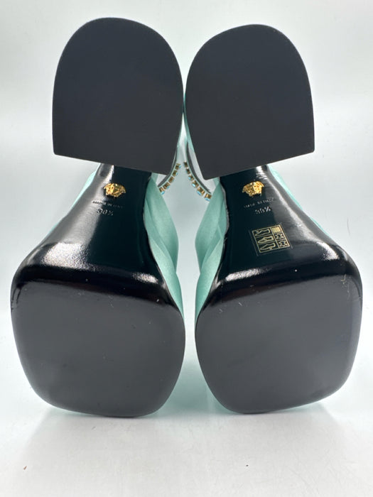 Versace Shoe Size 39.5 Seafoam Green Satin Leather Rhinestone Square Toe Pumps