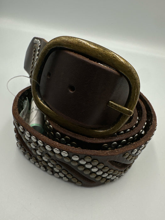 Brown & Mixed Metal Leather Studded Round Rectangle Buckle Cutout Belts