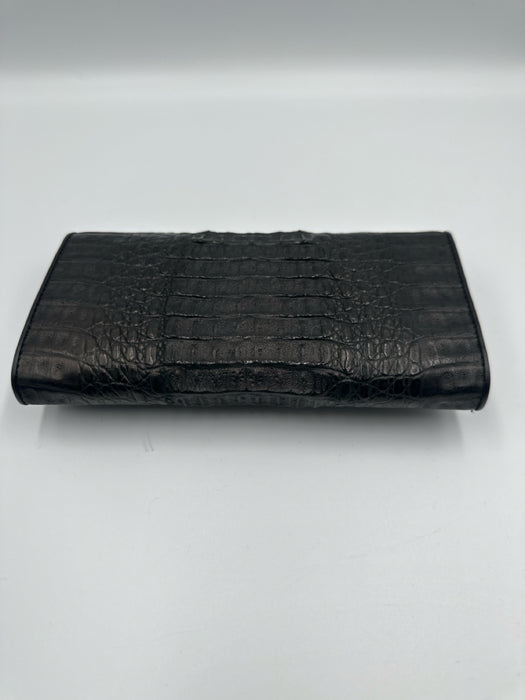 Black Crocodile Leather Stingray Leather Flap Snap Button Clutch Bag
