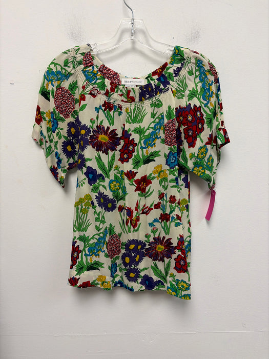 See By Chloe Size 2 White, Green & Multi Viscose Blend floral print Top