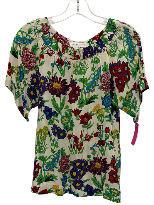 See By Chloe Size 2 White, Green & Multi Viscose Blend floral print Top