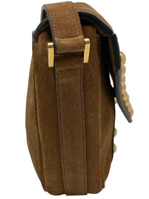 Saint Laurent Tan Brown Suede Gold Studs Flap Satchel Crossbody Strap Bag
