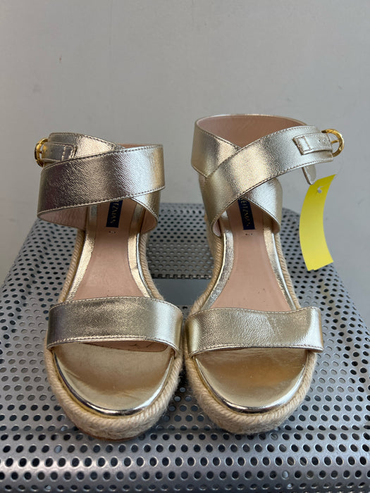 Stuart Weitzman Shoe Size 6 Gold Leather open toe Ankle Wrap Buckle Wedge Shoes