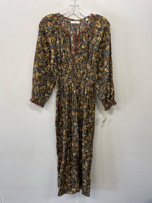 Doen Size S Navy & Multi Cotton Floral Tie Neck Long Sleeve Maxi Dress