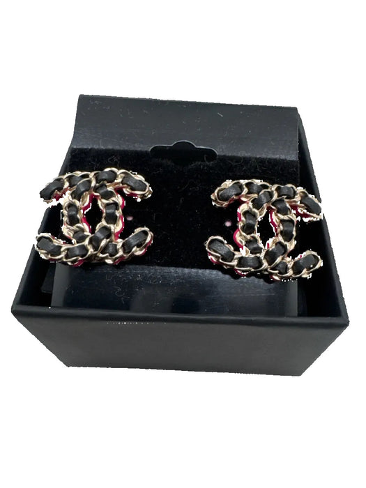Chanel Black, Pink, Gold Leather & Metal Enamel Interlocking CC Earrings