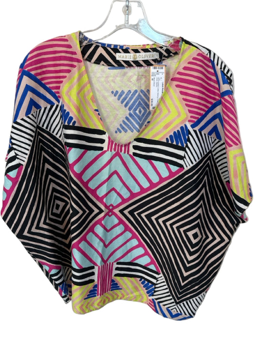 Marie Oliver Size M Black & Multi Cotton Batwing Lines V Neck Top
