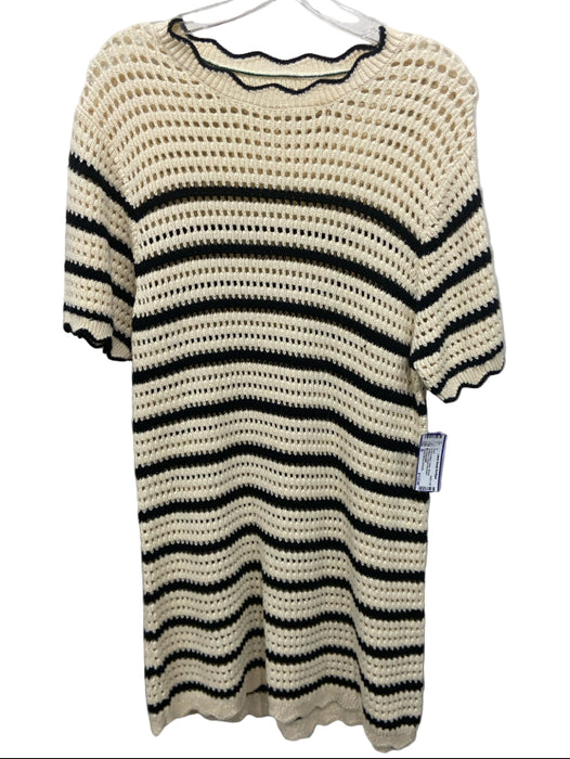 Trovata Birds of Paradis Size M Cream & Black Cotton Striped Scalloped Dress