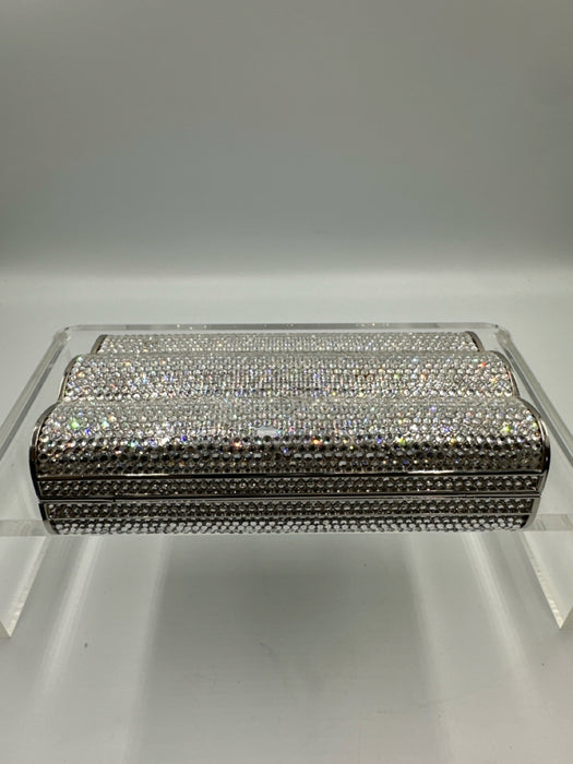 Judith Leiber Silver Rhinestone Push Clasp Bedazzled Clutch Shoulder Bag