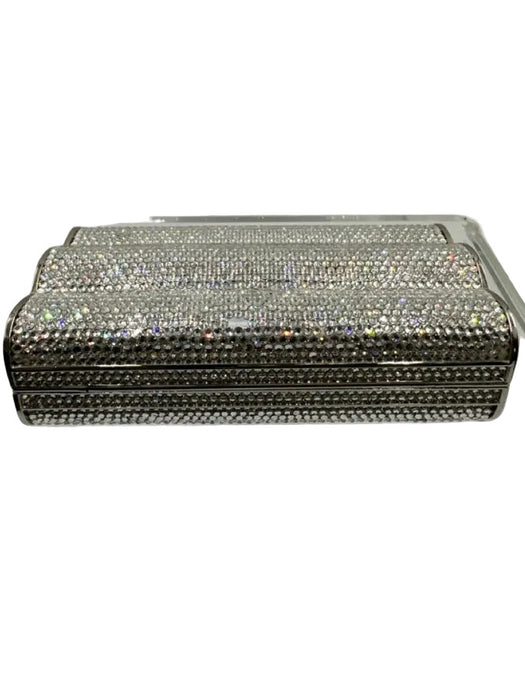 Judith Leiber Silver Rhinestone Push Clasp Bedazzled Clutch Shoulder Bag