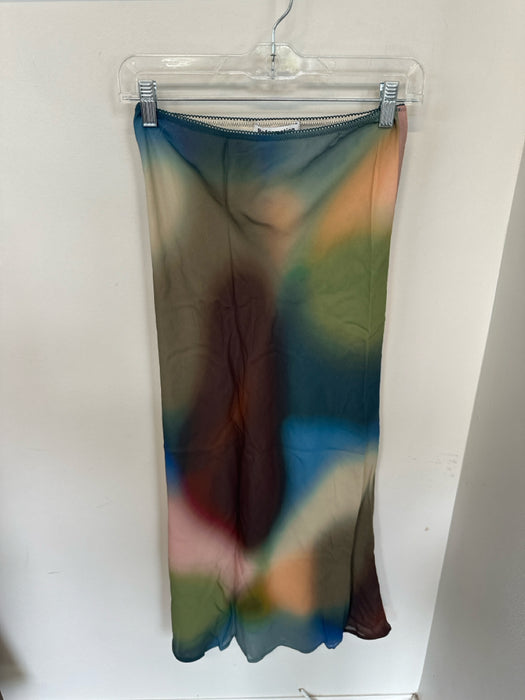 Reformation Size 2 Green & Brown Viscose Watercolor Elastic Waist Maxi Skirt