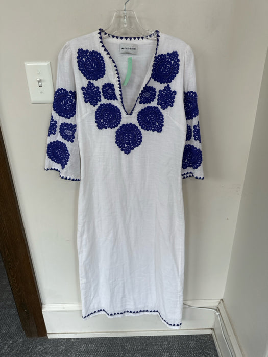 Antik Batik Size XS White & Navy Cotton Long Sleeve Embroidered Flowers Dress