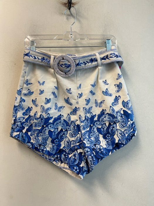 Farm Rio Size Est S/M White & Blue Cotton Back Zip Belt Floral Pockets Shorts