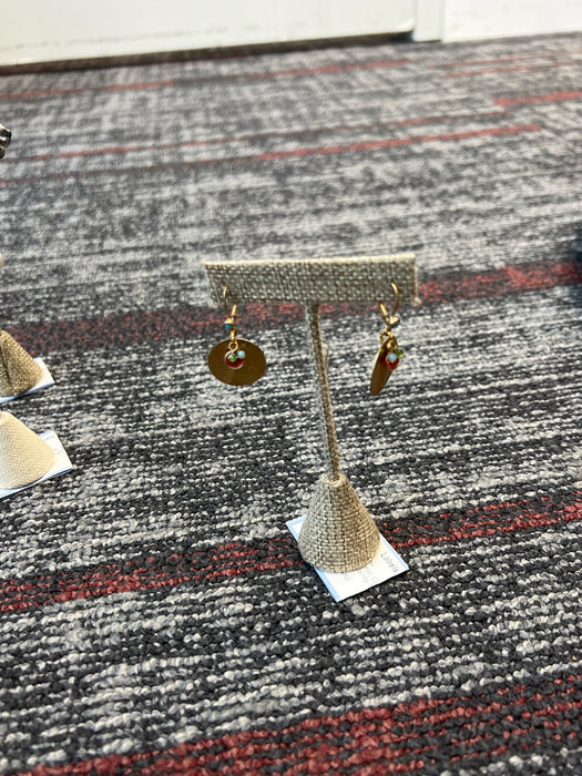 No Brand Gold Metal Circle Stone Detail Dangle Clasp Earrings