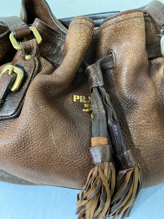 Prada Dark Brown Deerskin Leather Tassel Two Handles Shoulder Bag Bag