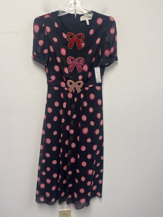 Saloni Size 0 Black, Pink & Red Silk Dotted Short Sleeve Bow Applique Dress