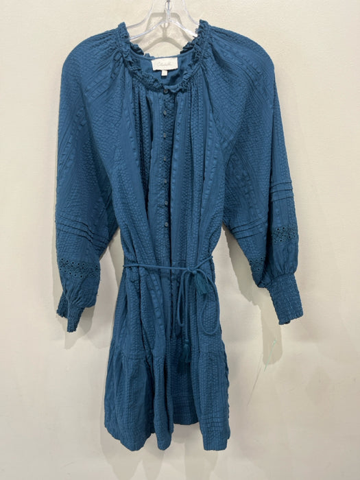 Cleobella Size L Blue Cotton Textured Eyelet Detail Half Button Dress