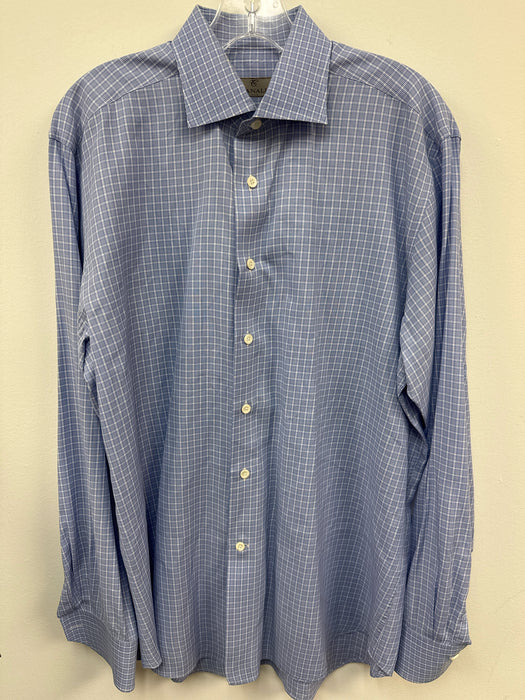 Canali Size 16.5 Blue & White Cotton Plaid Button Up Men's Long Sleeve Shirt