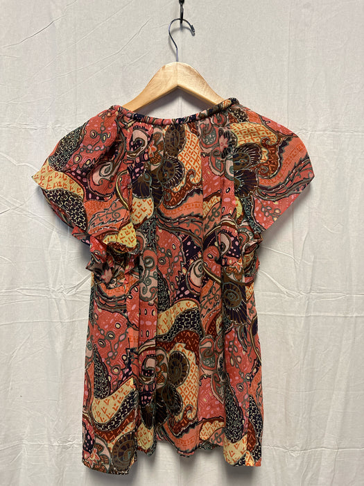 A.L.C. Size 2 Rust & Yellow Silk Short Sleeve Paisley Top