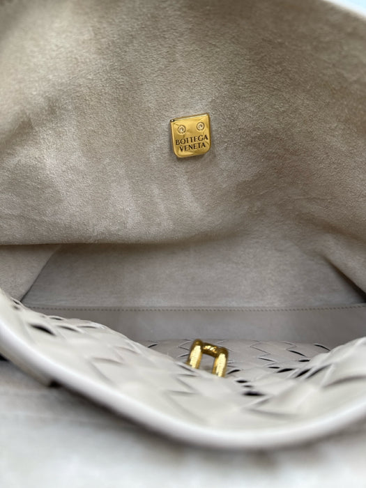 Bottega Veneta Beige Leather Gold Tone Hardware Flap Braided Detail Shoulder Bag