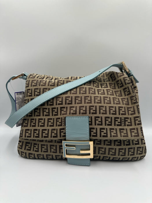 Fendi Brown & Blue Textile Magnetic Closure Monogram Vintage Bag