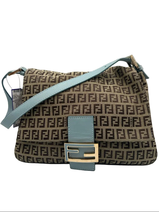 Fendi Brown & Blue Textile Magnetic Closure Monogram Vintage Bag