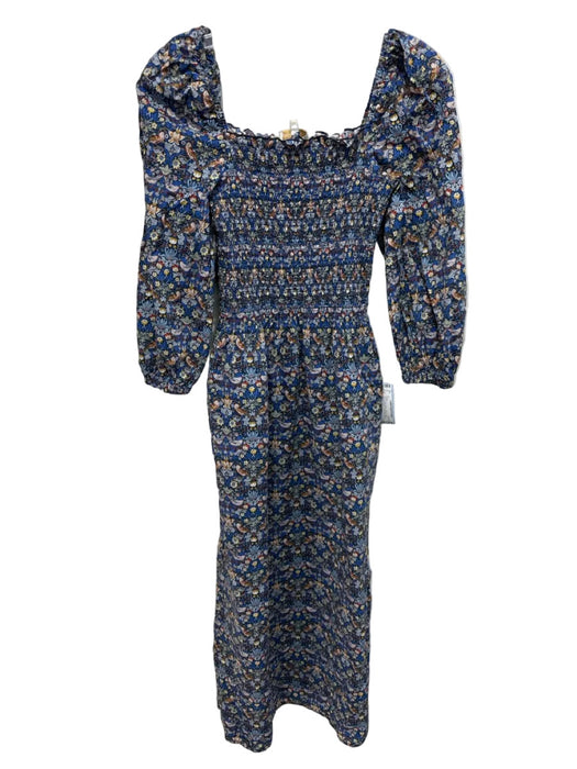 Ann Mashburn Size XS navy blue & multi Cotton Floral & Birds Square Neck Dress